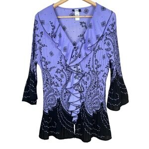 Y2K Women Paisley Pleated Blouse  Sz3XL Purple Coquette Whimsigoth Fairy Grunge